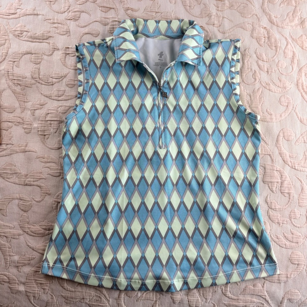 Bette & Court Womens Argyle Sleeveless Golf Polo Blue Mint Green Quarter Zip S